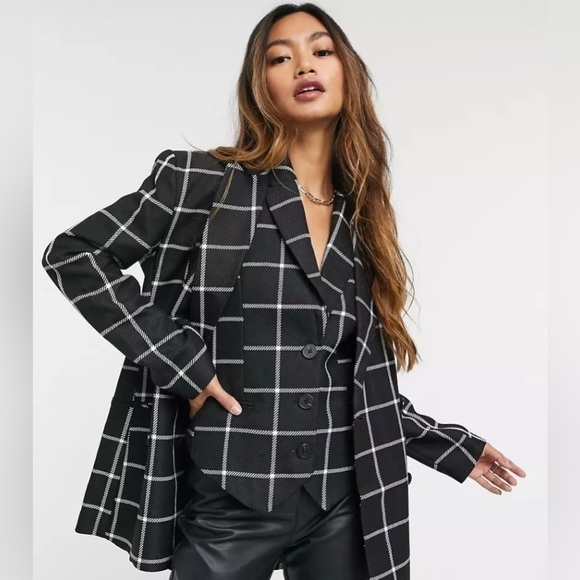 ASOS Black & White Checkered Double Breasted Classic Blazer w/ 2 Pockets Size 4 - Picture 9 of 13